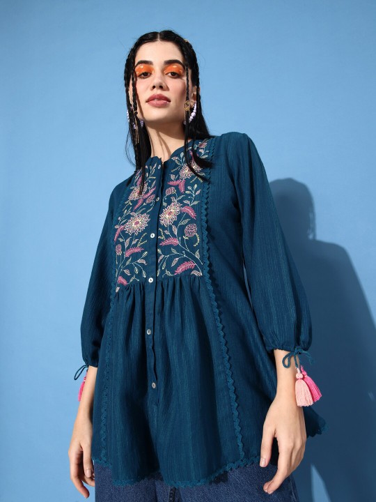 Blue & Pink Floral Embroidered Puff Sleeves A-Line Top